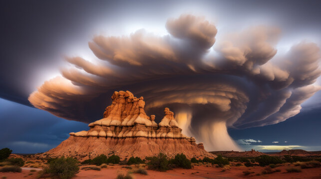 Dramatic storm clouds rolling over a majestic desert landscape, creating a sense of contrast.