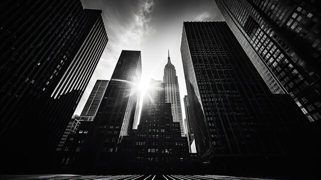 New York City buildings in black and white for wallpaper, with piercing sun 
