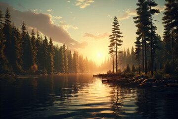 Golden hour light casting a warm glow over a serene wood lake. Relaxing Tranquility.