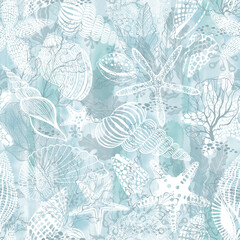 Abstract seamless pattern on the marine theme with underwater plants,starfish and seashells on blue watercolor background. Vector. Perfect for design templates, wallpaper, wrapping,textile. - obrazy, fototapety, plakaty