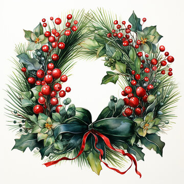 Watercolor Christmas wreath with holi beri berries. Festive New Year decor.Generative AI technology.
