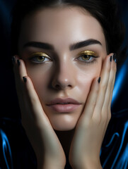 Fototapeta na wymiar Hübsche Model Frau Gesicht mit Visagistik und Gold Glitzer Lidschatten Nahaufnahme, ai generativ