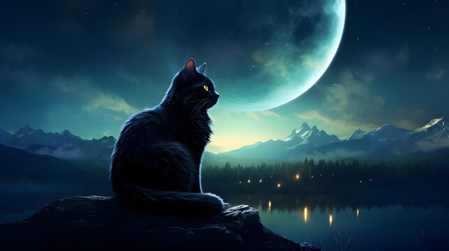 Cinematic black cat with a crescent moon scene hd desktop wallpaper, ai generated