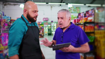 Workplace confrontation boss reprimanding employee for mistakes at supermarket at business store - obrazy, fototapety, plakaty