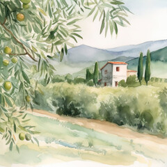 Olive branch in a rural landscape with Mediterranean houses in the background