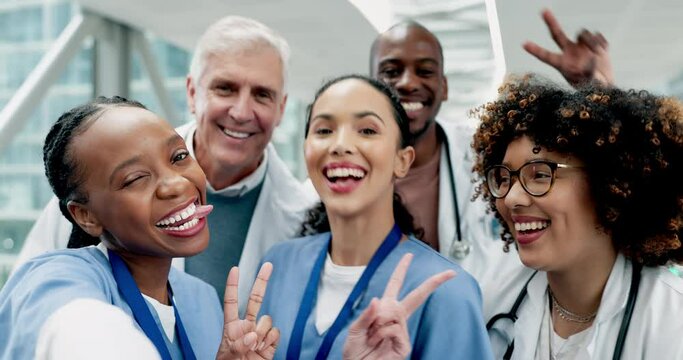 Healthcare, selfie and staff with happiness, funny and celebrate achievement, goofy expression or silly. Medical professionals, happy women or men with portrait, taking pictures or team in a hospital
