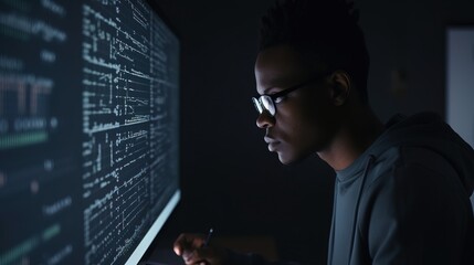 African American man programmer looking at lines of code on a screen. Generative ai