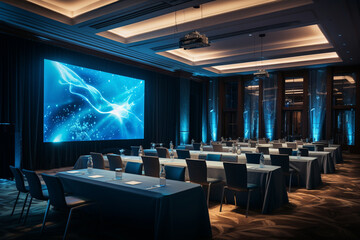 the setup of a business conference or event at the hotel, with rows of chairs, presentation screens, and networking areas Generative AI - obrazy, fototapety, plakaty