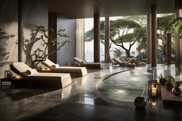 the tranquil ambiance of a spa and wellness center within the hotel, emphasizing relaxation and self-care Generative AI