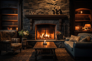 a cozy fireplace in the hotel's lounge area, creating a warm and comfortable ambiance for guests Generative AI