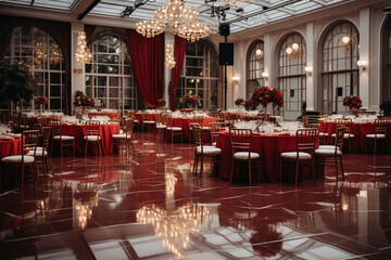 Fototapeta na wymiar setup of a wedding reception in the hotel's banquet hall, with beautifully decorated tables and a dance floor Generative AI