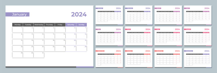 2024 calendar template. Corporate and business planner diary. The week starts on Monday. Set of 12 months 2024 pages.