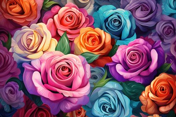 Wallpaper with a floral pattern, fresh colorful roses bouquet for Valentine like present. Generative Ai.