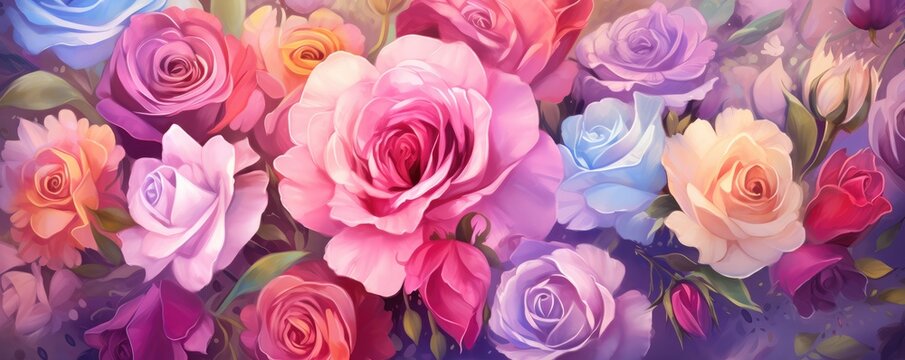 Wallpaper with a floral pattern, fresh colorful roses bouquet, panorama. Generative Ai.