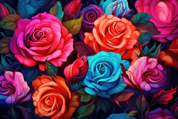 Wallpaper with a floral pattern, fresh colorful roses bouquet for Valentine like present. Generative Ai.