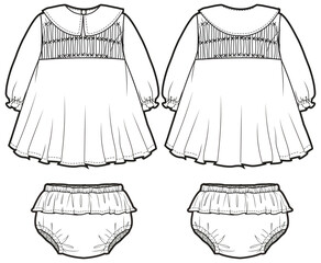 Baby Girls smocked dress with panty set design flat sketch fashion illustration vector template with front and back view, Toddler baby girl peter pan collar frock dress cad drawing