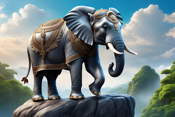 Fototapeta premium elephant standing nicely on a high rock with a nice sky and a dense forest below. generative ai