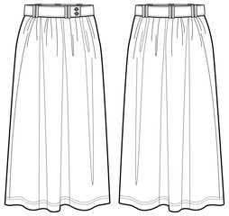 Women maxi Skirt flat sketch illustration, Womens long  skirt font and back view technical drawing vector illustration - obrazy, fototapety, plakaty