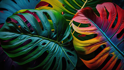 Beautiful trendy abstract multicolored tropical monstera leaves, splash screen template, wild nature botany outdoor background.
