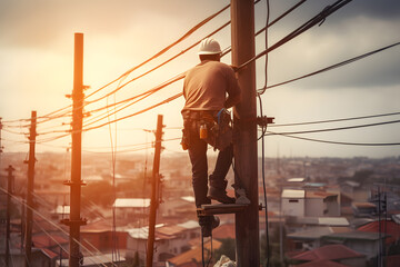 worker climbing electric pole ai generated - obrazy, fototapety, plakaty