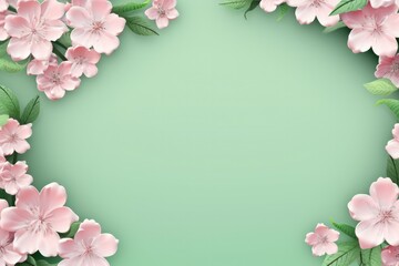 Fototapeta na wymiar Pink flower frame with a green background, space for your text. Generative Ai.