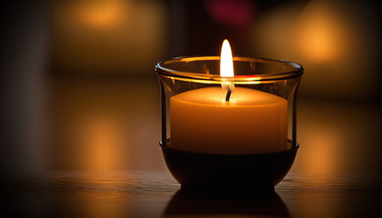 Close up candle burning on dark blurred background. Decorative element. Mourning symbol. Horizontal banner.