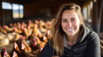 Woman poultry farmer smiles surrounded by chickens on a farm. - obrazy, fototapety, plakaty