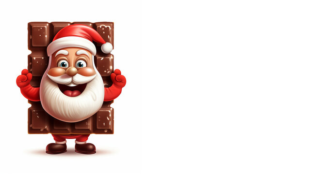 Lustiger Weihnachtsmann Cartoon mit Schokolade lacht auf weißen Hintergrund, ai generativ