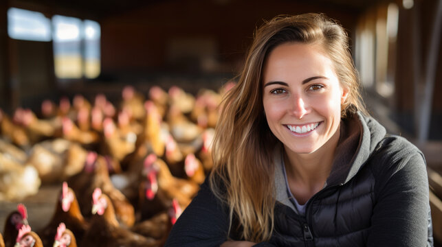 Woman poultry farmer smiles surrounded by chickens on a farm.