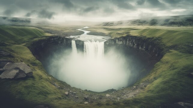 Amazing northern waterfall landscape with copy-space.