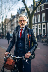 Fototapeta na wymiar Generative AI illustration of 50-year-old businessman dressed in a suit and tie and glasses riding a bicycle to work