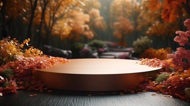 Autumn scene with minimal wooden product podium display, circular dais showcase platform with copy space. Outdoor background.