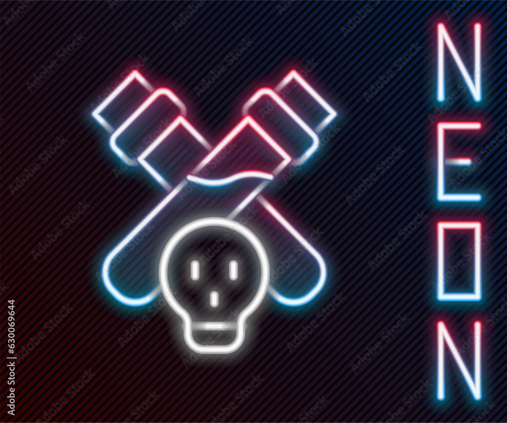Poster glowing neon line bottle with potion icon isolated on black background. flask with magic potion. hap