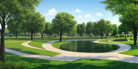 Beautiful Green Park Landscape 3D Realistic Fantasy Illustration For Background
