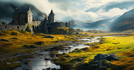 Medieval Mystique: A Moody Scottish Landscape with a Decaying Castle