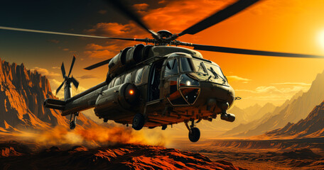 Military Helicopter Landing in Desert Terrain