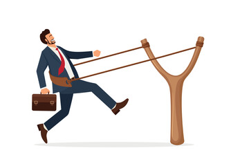 Entrepreneurship ready to launch new project or work improvement, boost career development, speed up business growth concept, brave businessman pull rubber band ready to launch slingshot flight.