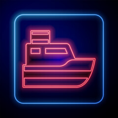 Glowing neon Ship line path of ship sea route with start point GPS and black line icon isolated on black background. Vector