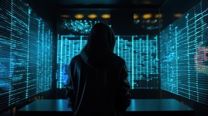 Computer hacker in hoodie with matrix code instead his face on blue digital background. Data thief,...