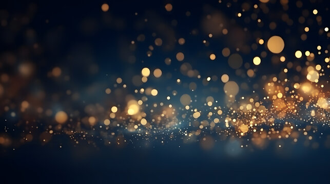 Christmas Golden light shine particles bokeh on navy blue background. Holiday concept. Abstract background with Dark blue and gold particle.