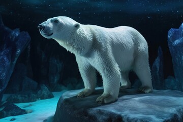 Global warming, concept with lone polar bear standing on small iceberg in the middle of the north ocean at night, Generative AI illustration