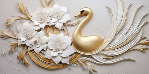 3d Wallpaper with a gold  swan and white  flowers  interior mural painting wall art decor abstraction wallpaper Luxurious Interior Mural Painting with Gold Swan and Flowers  