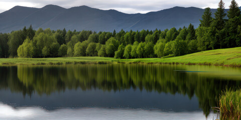 Obraz premium Splendid Landscape Reflection On Serene Water. Spring Summer For Background