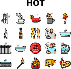 hot fire lable flame tag icons set vector. red sale, price offer, heat promotion, text clearance, discount business, modern hot fire lable flame tag color line illustrations