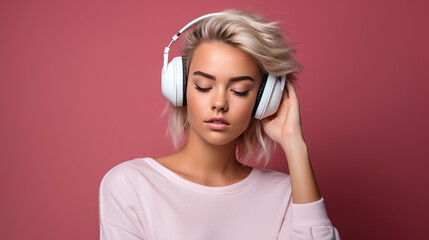 Young woman wearing headphones on a pink background listening to her favorite music.