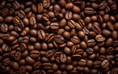 Fototapeta premium Overhead view of backdrop representing halves of dark brown coffee beans with pleasant scent