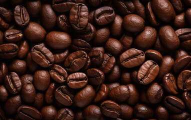 Fototapeta premium Overhead view of backdrop representing halves of dark brown coffee beans with pleasant scent