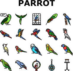 parrot bird blue animal tropical icons set vector. macaw blue, yellow wildlife, nature feather, red bright, wing wild, ara parrot bird blue animal tropical color line illustrations © vectorwin
