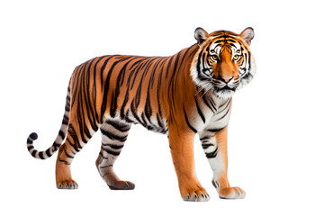 Tiger isolated on a transparent background. Animal right side view portrait.