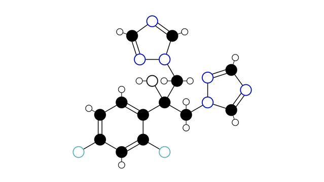 fluconazole molecule, structural chemical formula, ball-and-stick model, isolated image antifungal medication